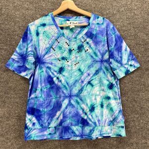 N Touch T-Shirt Women S Small Blue Colorblock V-Neck Short Sleeve Pullover